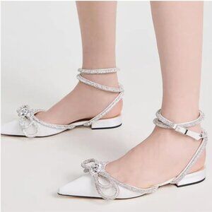 XYD White Pointed Toe Slingback Ankle Wrap Strappy Double Bow Crystal Sandals